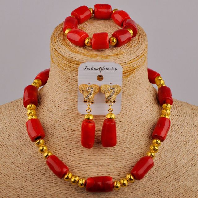 Czerwony koralowy naszyjnik ślubny z naturalnego koralu dla panny młodej - zestaw biżuterii AU-635 - Wianko - 1