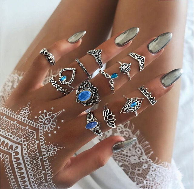 20 sztuk zestawu czeskich pierścionków Midi Knuckle o unikalnej geometrii, w kolorze srebrnym, z motywami księżyca, kwiatów i krzyży - Biżuteria Retro - Wianko - 2