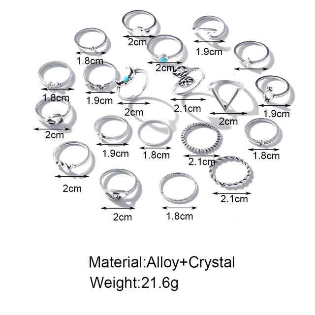 20 sztuk zestawu czeskich pierścionków Midi Knuckle o unikalnej geometrii, w kolorze srebrnym, z motywami księżyca, kwiatów i krzyży - Biżuteria Retro - Wianko - 9