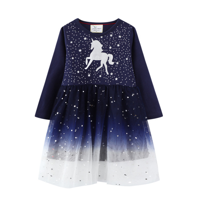 Dziewczęce sukienki z długim rękawem - bawełniane, koronkowe, kreskówkowe wzory z jednorożcem i gwiazdami - Wianko - 3