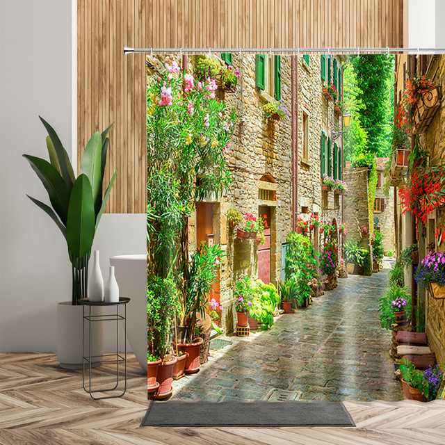 Zasłona prysznicowa Garden Street, kolorowa aleja kwiatowa, drukowana 3D, wodoodporna, zestaw z haczykami - Wianko - 4