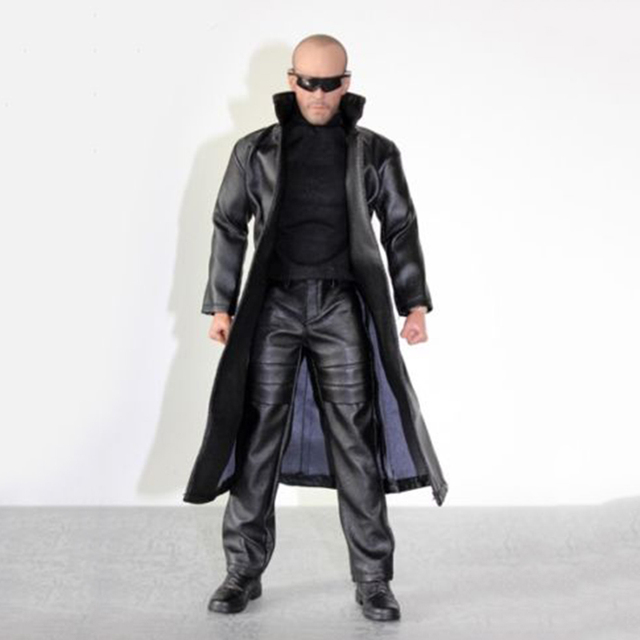 Figurka 12 - zestaw odzieży: czarny skórzany płaszcz, spodnie i T-shirt w skali 1/6 - Wianko - 1