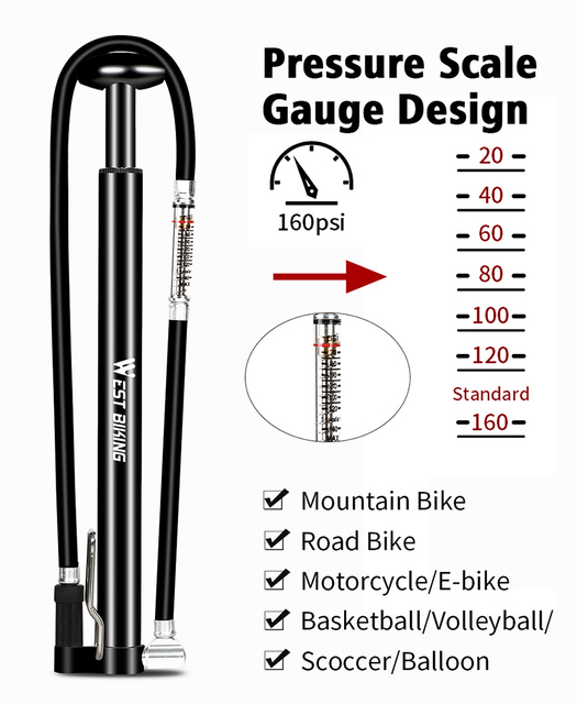 Pompa rowerowa wysokociśnieniowa WEST BIKING Bomba De Bicicleta MTB AV/FV 160 PSI - Wianko - 35