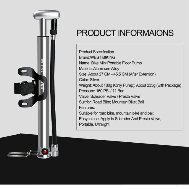 Pompa rowerowa wysokociśnieniowa WEST BIKING Bomba De Bicicleta MTB AV/FV 160 PSI - Wianko - 3