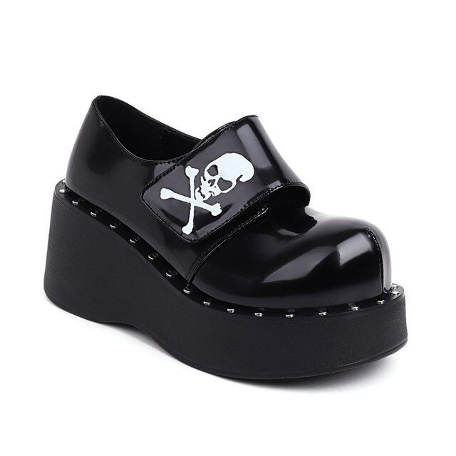 Buty damskie na platformie klinowej Kobiety Lolita Dark Harajuku - czaszka decor, okrągły nosek, pnącza, japoński styl - Wianko - 2