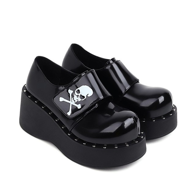 Buty damskie na platformie klinowej Kobiety Lolita Dark Harajuku - czaszka decor, okrągły nosek, pnącza, japoński styl - Wianko - 4