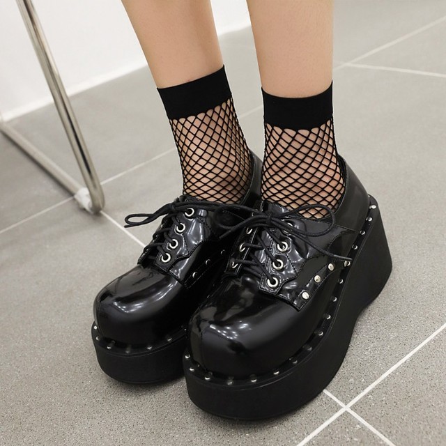 Buty damskie na platformie klinowej Kobiety Lolita Dark Harajuku - czaszka decor, okrągły nosek, pnącza, japoński styl - Wianko - 43