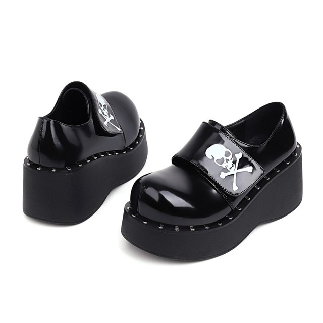 Buty damskie na platformie klinowej Kobiety Lolita Dark Harajuku - czaszka decor, okrągły nosek, pnącza, japoński styl - Wianko - 5