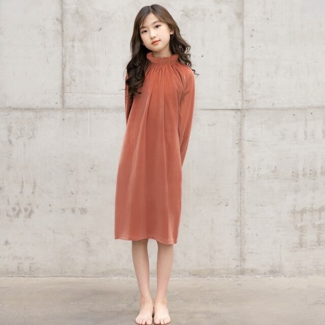 Aksamitna sukienka dla dziewcząt, wiek 2-14 lat, jesienne, z długim rękawem, z ozdobnymi marszczeniami wokół szyi, nowa kolekcja 2021 - Wianko - 4