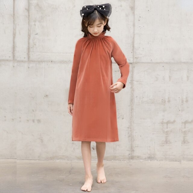 Aksamitna sukienka dla dziewcząt, wiek 2-14 lat, jesienne, z długim rękawem, z ozdobnymi marszczeniami wokół szyi, nowa kolekcja 2021 - Wianko - 3