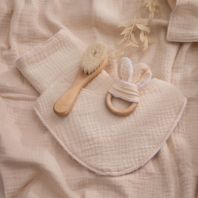 Zestaw 5 dwustronnych pieluszek bawełnianych z ręcznikiem ślinowym z drewnianą zabawką dla noworodka - Wianko - 24