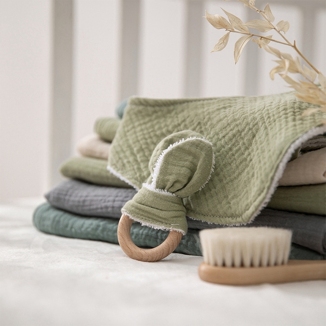 Zestaw 5 dwustronnych pieluszek bawełnianych z ręcznikiem ślinowym z drewnianą zabawką dla noworodka - Wianko - 25