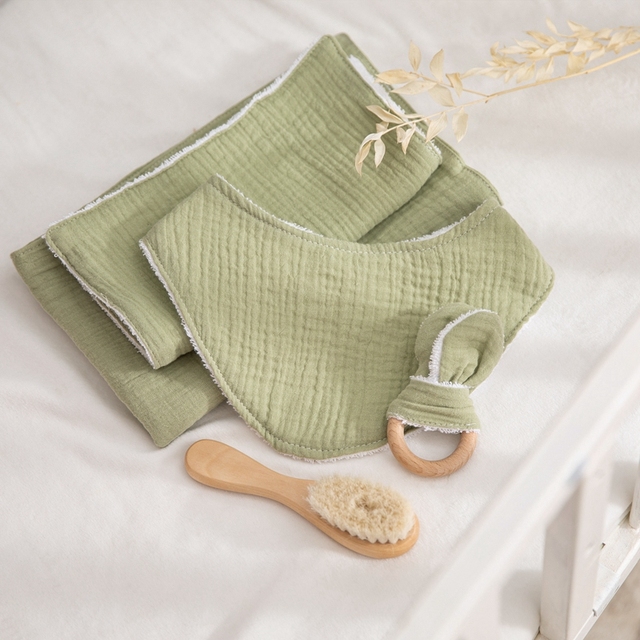 Zestaw 5 dwustronnych pieluszek bawełnianych z ręcznikiem ślinowym z drewnianą zabawką dla noworodka - Wianko - 16