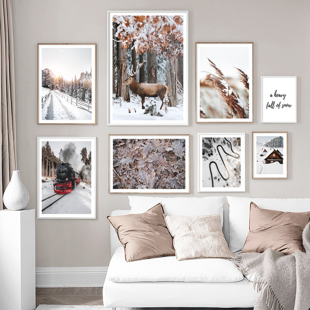 Obraz śc wall Hanging Scenic Painting Nordic Style Winter Snow Decorations Forest Mountain Train Canvas Posters Prints Living Room Decor - Wianko - 3