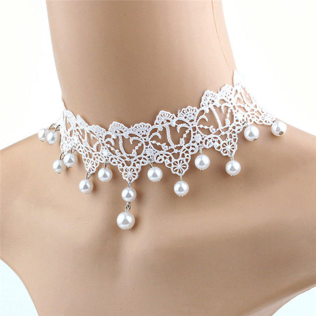 Choker naszyjnik z białą perłą i koronką w stylu vintage dla nowożeńców - Wianko - 5