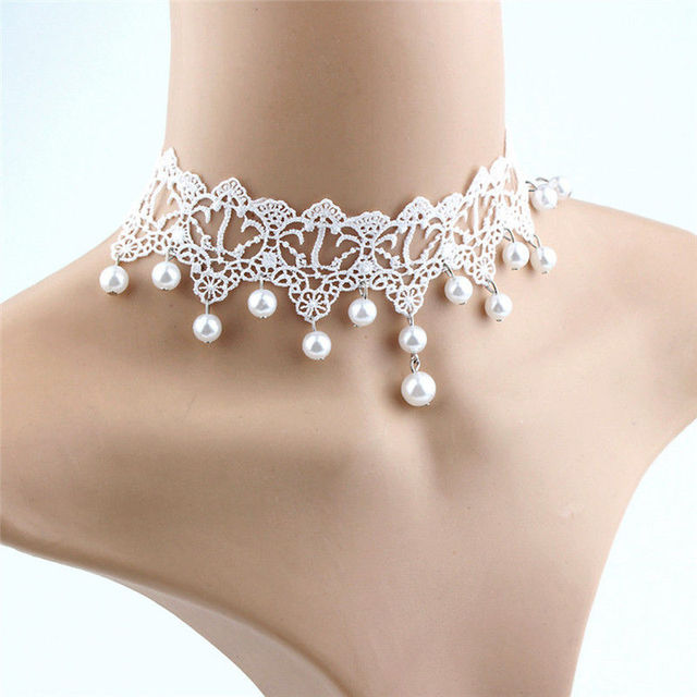 Choker naszyjnik z białą perłą i koronką w stylu vintage dla nowożeńców - Wianko - 4