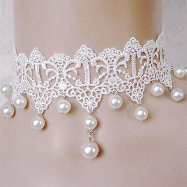 Choker naszyjnik z białą perłą i koronką w stylu vintage dla nowożeńców - Wianko - 3