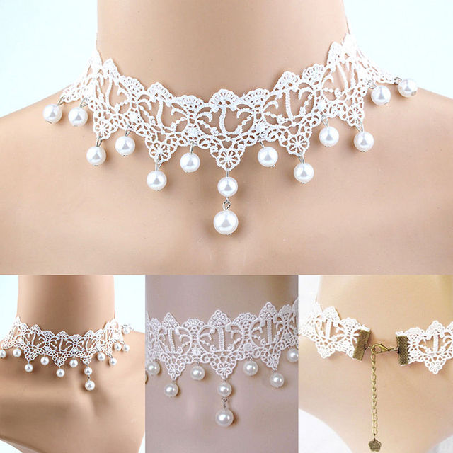 Choker naszyjnik z białą perłą i koronką w stylu vintage dla nowożeńców - Wianko - 1
