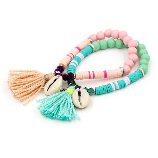 Bransoletki Boho dla kobiet – kolorowe bransoletki z gliny i drewnianymi koralikami, ozdobione muszlą i kryształowymi charmsami - Wianko - 6