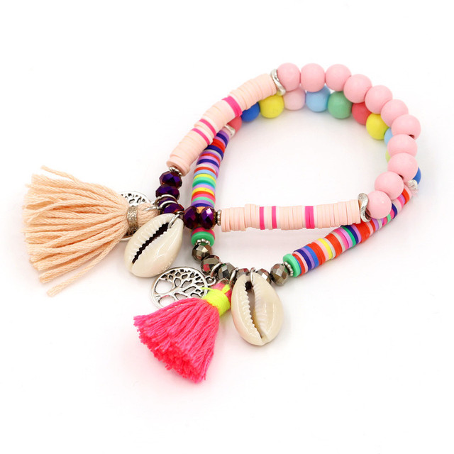Bransoletki Boho dla kobiet – kolorowe bransoletki z gliny i drewnianymi koralikami, ozdobione muszlą i kryształowymi charmsami - Wianko - 5