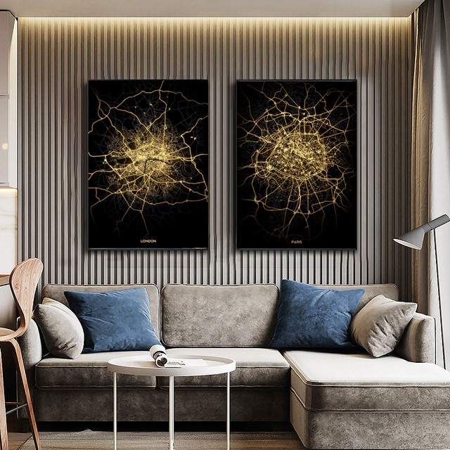 Plakat mapa miasta Paryż Londyn Nowy Jork - czarne złoto, styl skandynawski, nadruk na płótnie - dekoracja do salonu i biura - Wianko - 1