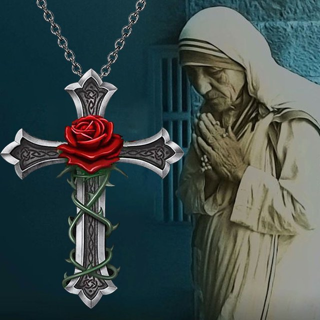 Naszyjnik z wisiorkiem - Krzyż kwiat róży w stylu gotyckim, biżuteria dla kobiet, akcesoria vintage - Wianko - 1