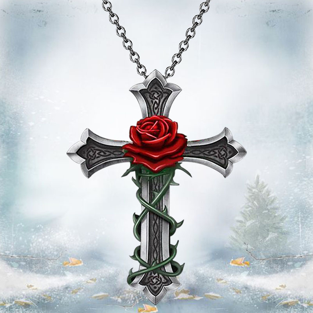 Naszyjnik z wisiorkiem - Krzyż kwiat róży w stylu gotyckim, biżuteria dla kobiet, akcesoria vintage - Wianko - 4