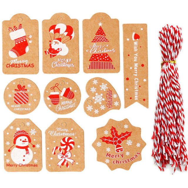 50 sztuk zawieszek bożonarodzeniowych z papieru pakowego na lince - czerwone, białe, z wizerunkiem Świętego Mikołaja/Snieżnego Człowieka - dekoracje DIY - Wianko - 1