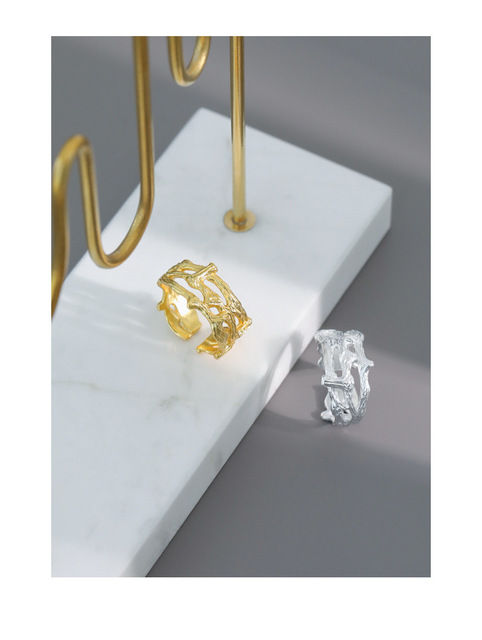 Pierścień biżuteryjny z prawdziwym srebrem 925, nieregularny wzór Hollow, idealny dodatek ślubny dla modnych kobiet w 2021 roku, wykończony pozłacanym 18K złotem - Wianko - 7