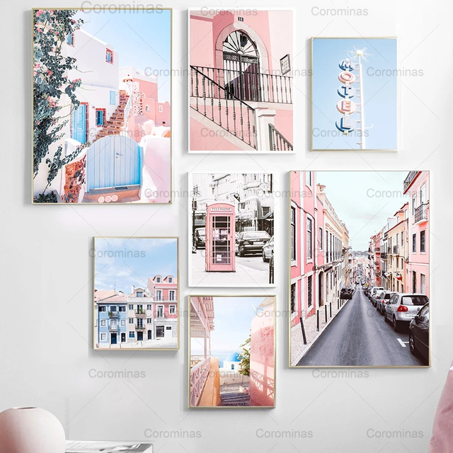 Obraz ścienny na płótnie - Samochód Ocean, różowy, budka telefoniczna, małe miasteczko Nordic - plakaty i druki - Wianko - 3
