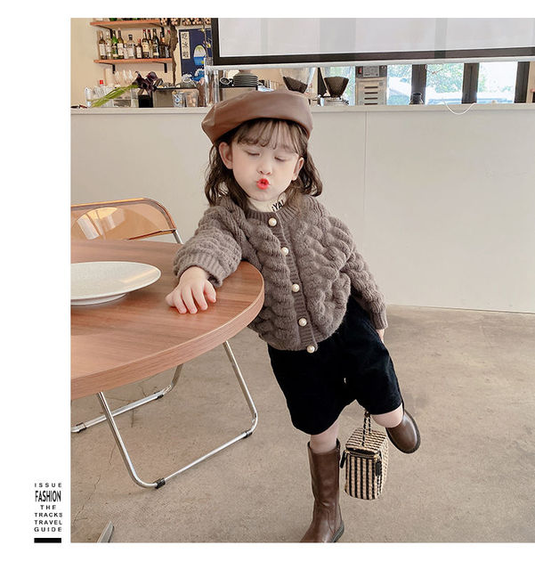 Sweter na jesień dla dziewczynek - solidny jakcet z dzianiny, guzik perłowy, o-neck, rozpinany płaszcz dziecięcy (rozmiar 8) - Wianko - 3