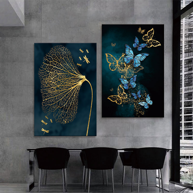 Nowoczesne złoto-białe malarstwo na płótnie z abstrakcyjnym motywem niebieskiej motylki - obraz na ścianę domu - Wianko - 1
