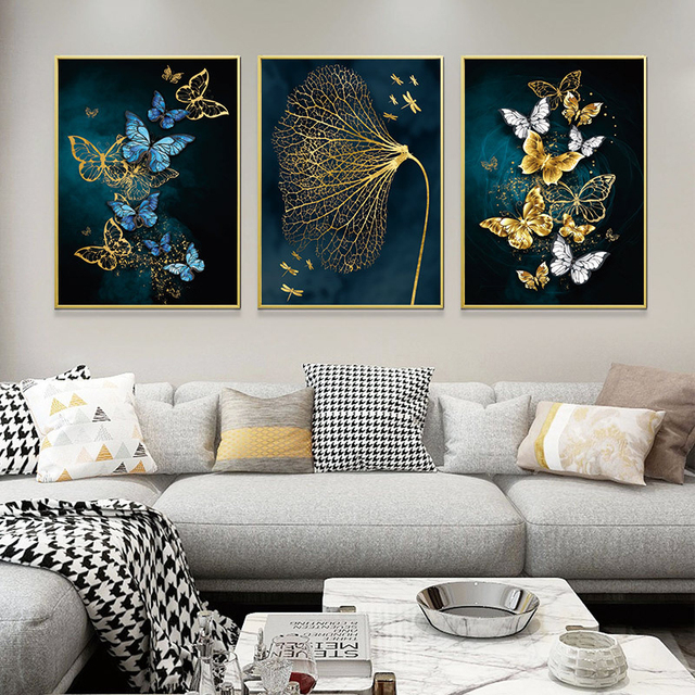 Nowoczesne złoto-białe malarstwo na płótnie z abstrakcyjnym motywem niebieskiej motylki - obraz na ścianę domu - Wianko - 2