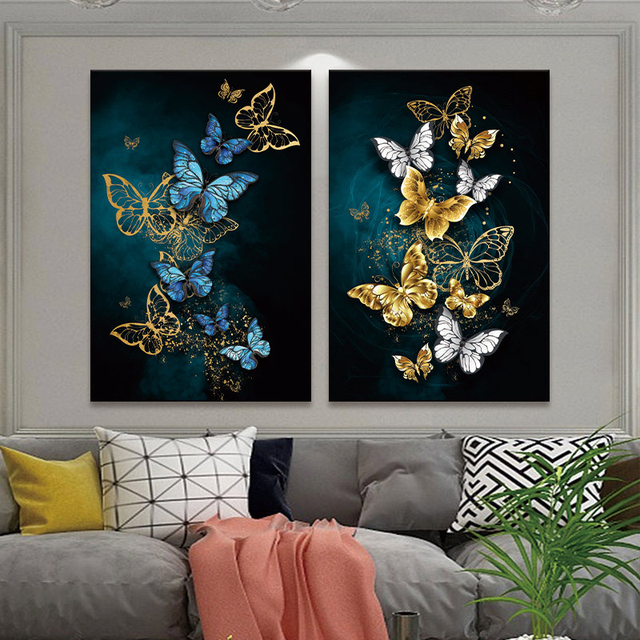 Nowoczesne złoto-białe malarstwo na płótnie z abstrakcyjnym motywem niebieskiej motylki - obraz na ścianę domu - Wianko - 3