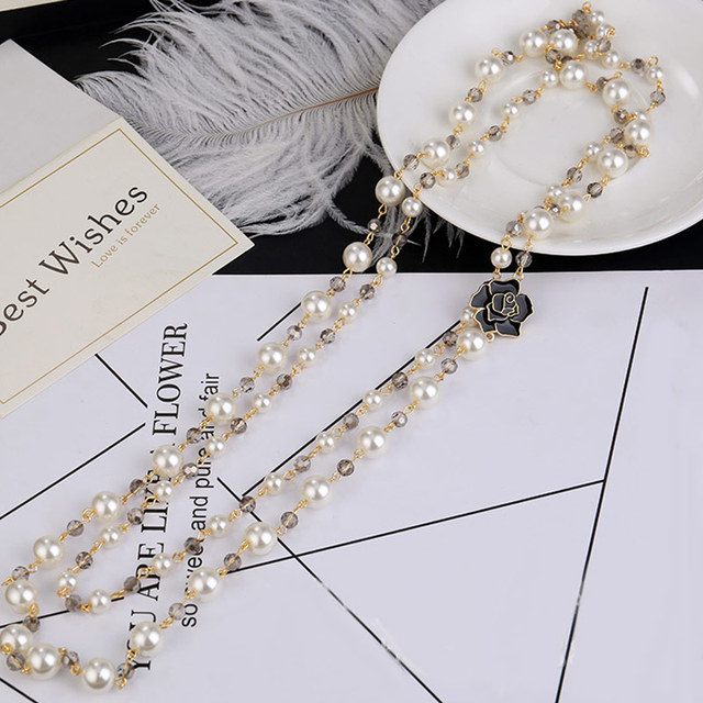 Luksusowy naszyjnik łańcuszkowy z klasycznym designem, kamelii perłą i kryształowym podwójnym naszyjnikiem dla kobiet - długi sweter - Wianko - 4