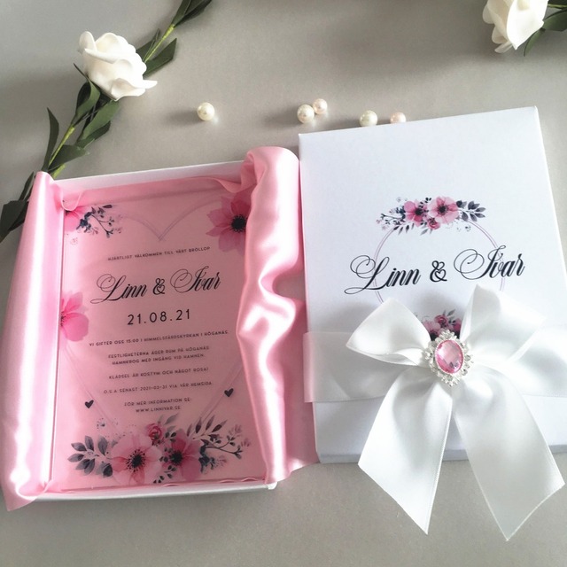 Zaproszenia ślubne - ręcznie robione, różowa satyna, wstążka klamra, białe pudełko, kartki z życzeniami - cena - Wianko - 4