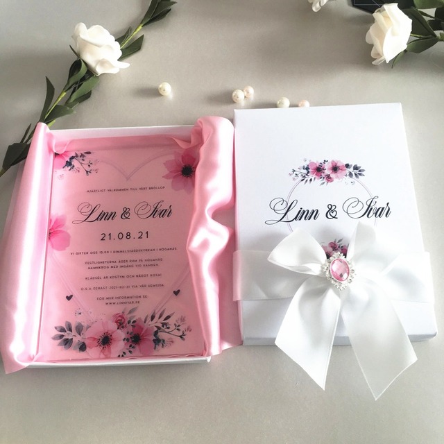 Zaproszenia ślubne - ręcznie robione, różowa satyna, wstążka klamra, białe pudełko, kartki z życzeniami - cena - Wianko - 3