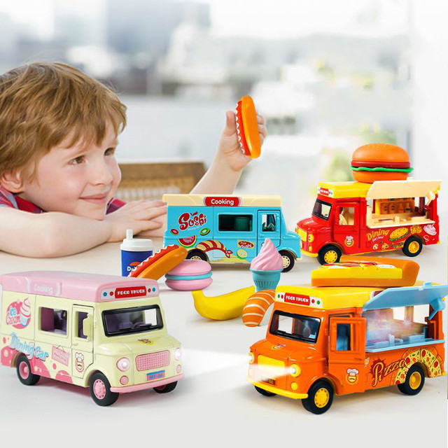 Samochód z napędem Pull Back, serwujący żywność, z oświetleniem, muzyką i otwieranymi drzwiami markizy - zabawka wózek lody ciężarówka (Odlewane i zabawkowe pojazdy 2021) - Wianko - 3