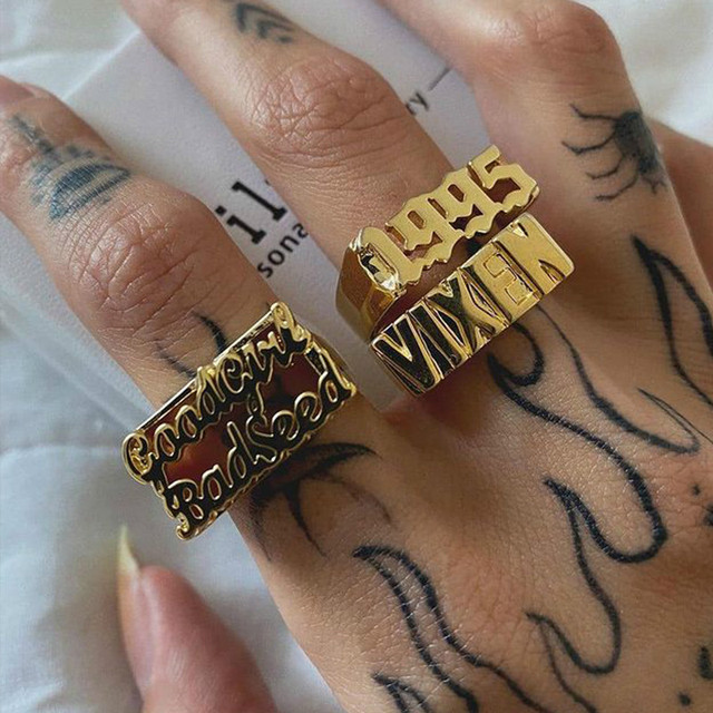 Personalizowany pierścionek złoty ze stali nierdzewnej - Hip Hop, numer listu, unisex - Wianko - 5