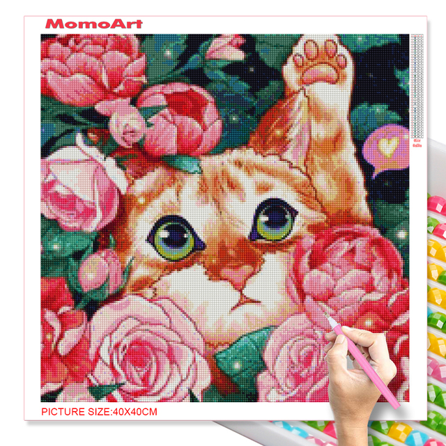 Komplet diamentowego malowania obrazu kota z kryształkami - haft krzyżykowy, kreskówkowy motyw dla dzieci, kwiatowa mozaika - Wianko - 4