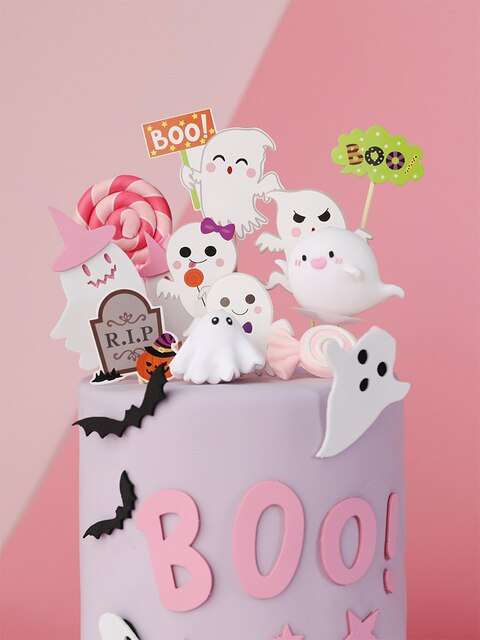 Świeczka na tort w motywie Halloween Cupcake, różowy duch z kreskówki, ceramika, dekoracja na tort urodzinowy - Wianko - 4