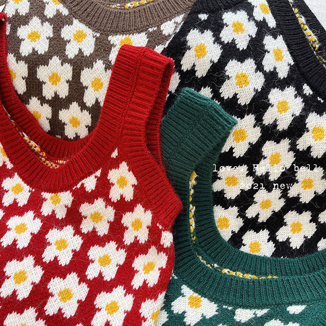 Dzianinowy sweter bez rękawów dla dzieci z nadrukiem kwiecistych wzorów - Wianko - 3