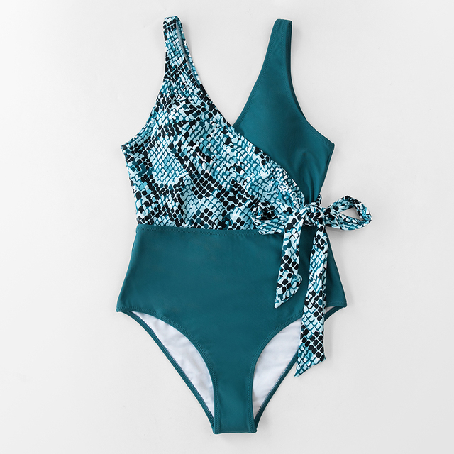 Jednoczęściowy strój kąpielowy CUPSHE V-neck Teal z nadrukiem węża, patchworkiem i sznurowanym pasem Monokini Sexy kobiety z lukami - Nowość 2021 - Wianko - 7
