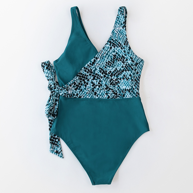 Jednoczęściowy strój kąpielowy CUPSHE V-neck Teal z nadrukiem węża, patchworkiem i sznurowanym pasem Monokini Sexy kobiety z lukami - Nowość 2021 - Wianko - 8
