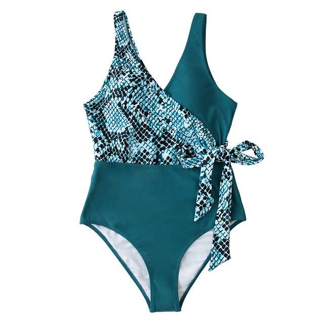 Jednoczęściowy strój kąpielowy CUPSHE V-neck Teal z nadrukiem węża, patchworkiem i sznurowanym pasem Monokini Sexy kobiety z lukami - Nowość 2021 - Wianko - 37