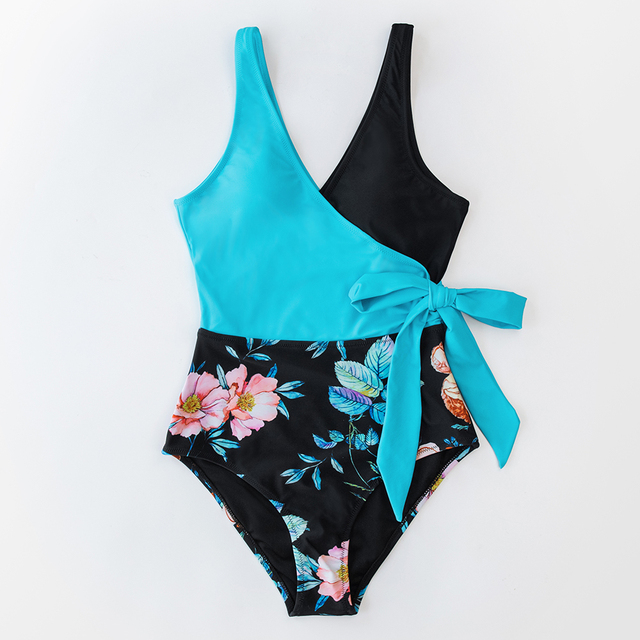 Jednoczęściowy strój kąpielowy CUPSHE V-neck Teal z nadrukiem węża, patchworkiem i sznurowanym pasem Monokini Sexy kobiety z lukami - Nowość 2021 - Wianko - 18