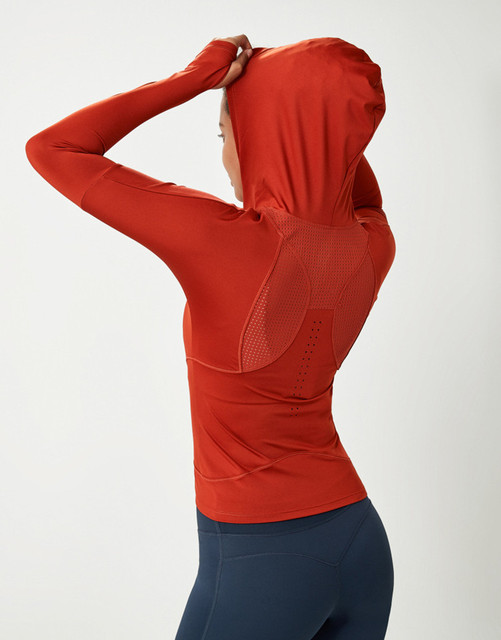 T-shirt z kapturem 2021 do jogi - długi rękaw, siatka z tyłu, fitness dla kobiet - Wianko - 14