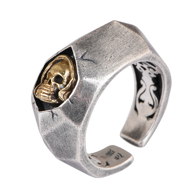 Pierścień otwarty dla mężczyzn z prawdziwego 925 srebra w stylu retro z czaszką punk - antyczna biżuteria - Wianko - 5