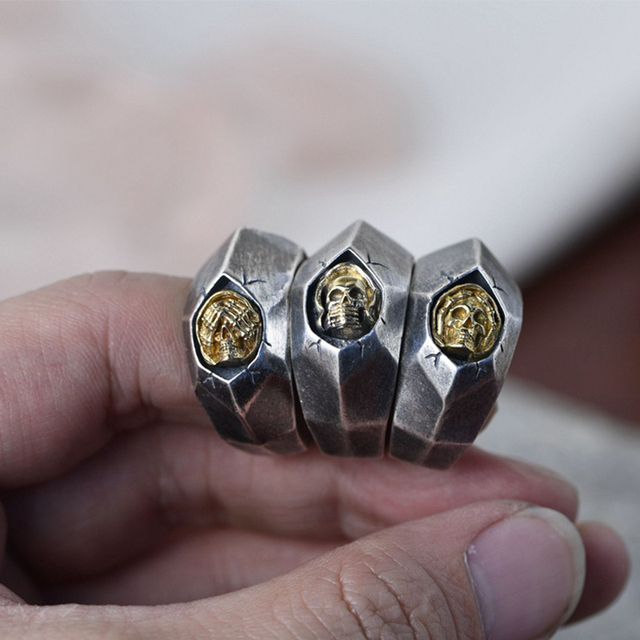 Pierścień otwarty dla mężczyzn z prawdziwego 925 srebra w stylu retro z czaszką punk - antyczna biżuteria - Wianko - 1