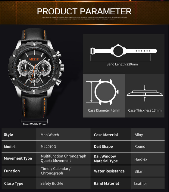 Męski zegarek MEGIR wodoodporny, skórzany, świetlny, wielofunkcyjny, chronograficzny, kwarcowy, moda sportowa - Wianko - 3